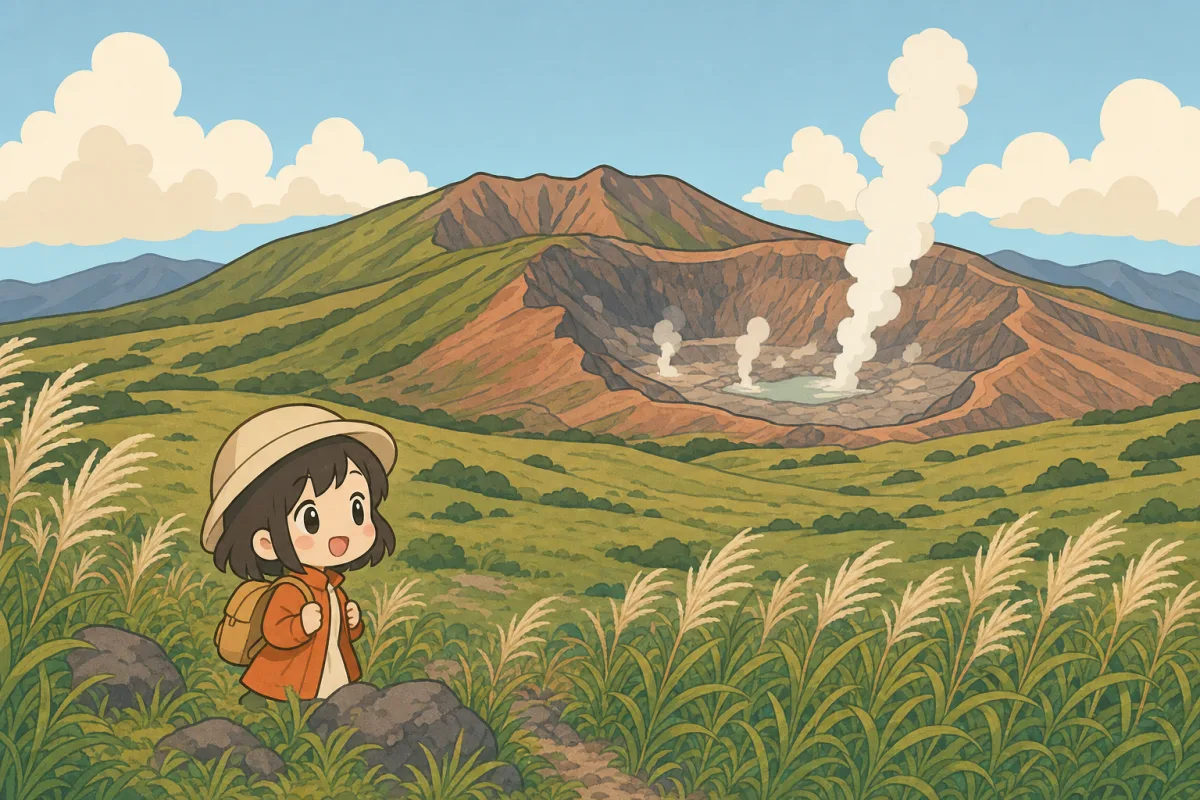 阿蘇の草原と湯気が立つ九州の自然風景のイメージイラスト