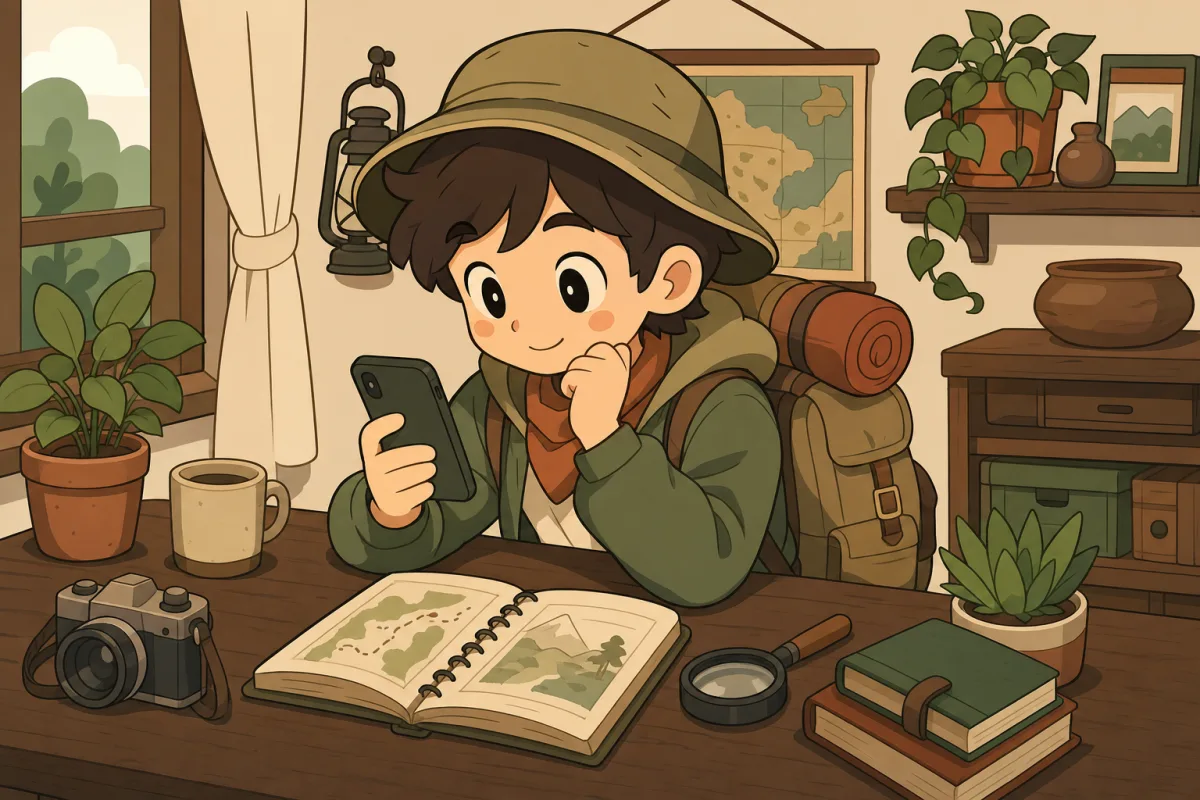 スマートフォンで情報を確認している旅人のイメージイラスト