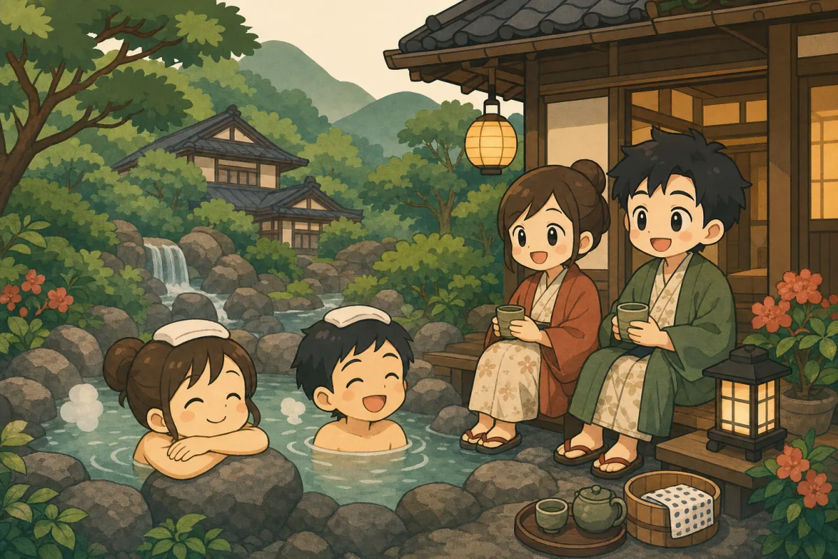 九州の温泉地でくつろぐ旅人たちのイメージイラスト